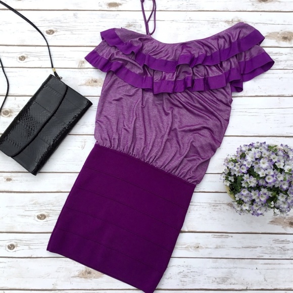 Bebe Ruffled 1 Shoulder Purple Bandage Skirt Dress - Picture 4 of 8
